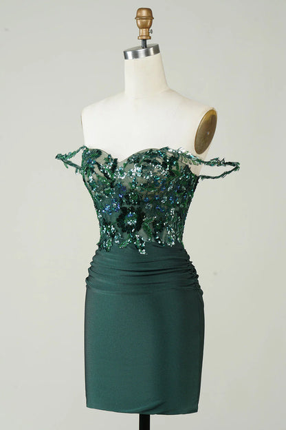 Amzcw Unique Sheath Off the Shoulder Dark Green Short Homecoming Dress with Appliques