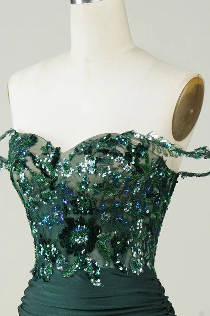 Amzcw Unique Sheath Off the Shoulder Dark Green Short Homecoming Dress with Appliques