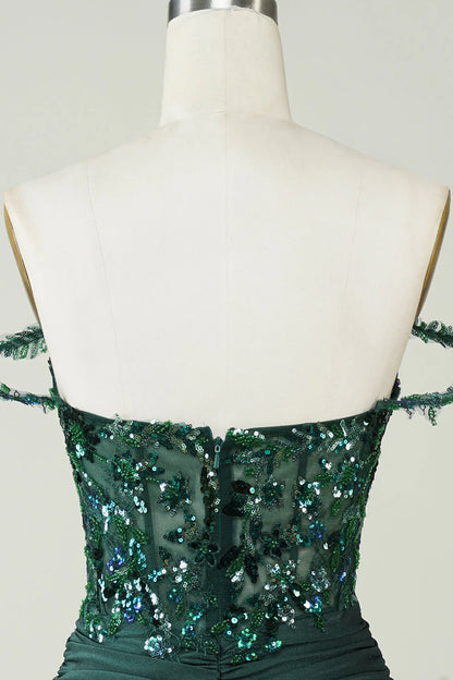 Amzcw Unique Sheath Off the Shoulder Dark Green Short Homecoming Dress with Appliques