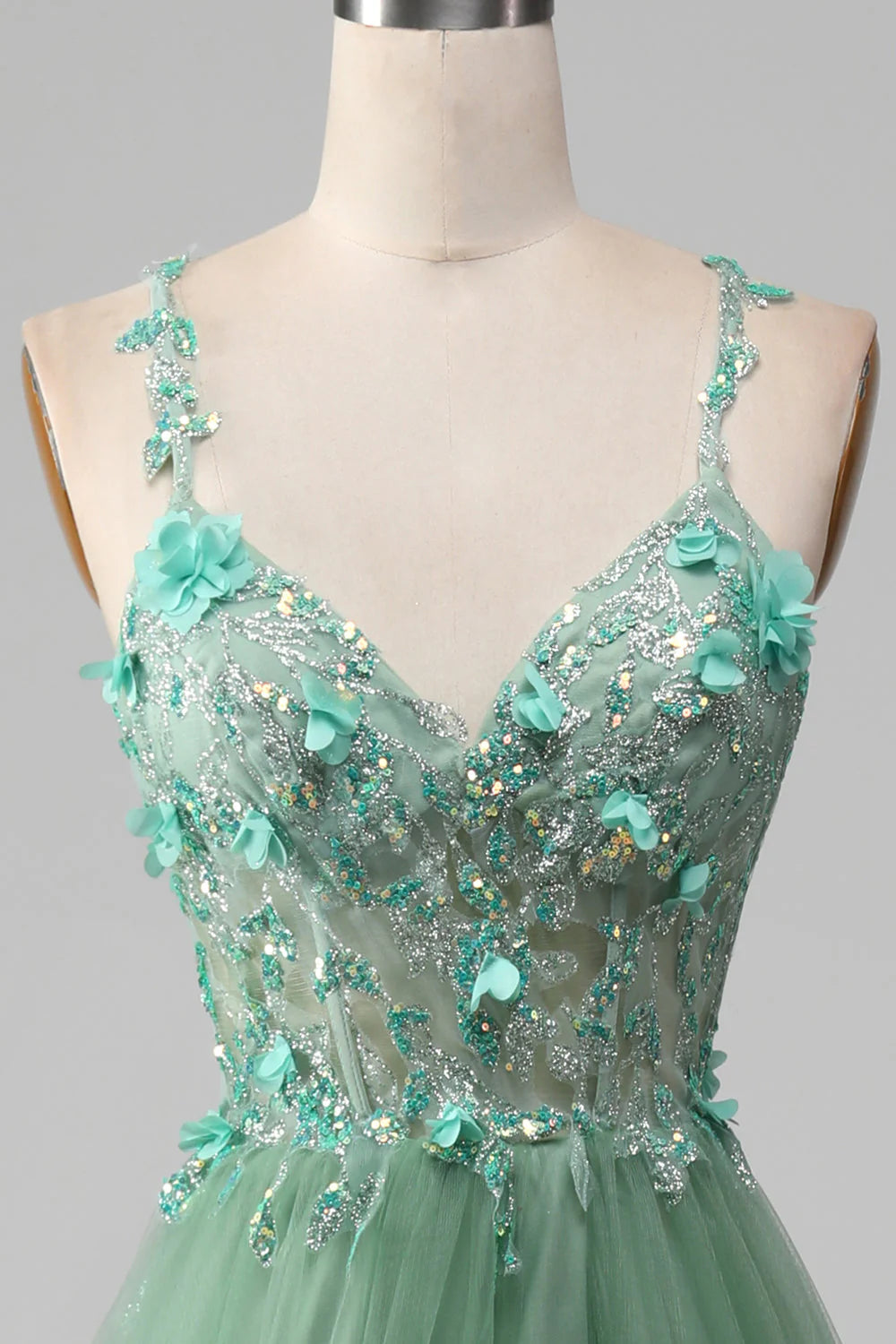 Amzcw Sparkly Green A-Line Spaghetti Straps Corset Prom Dress With Appliques