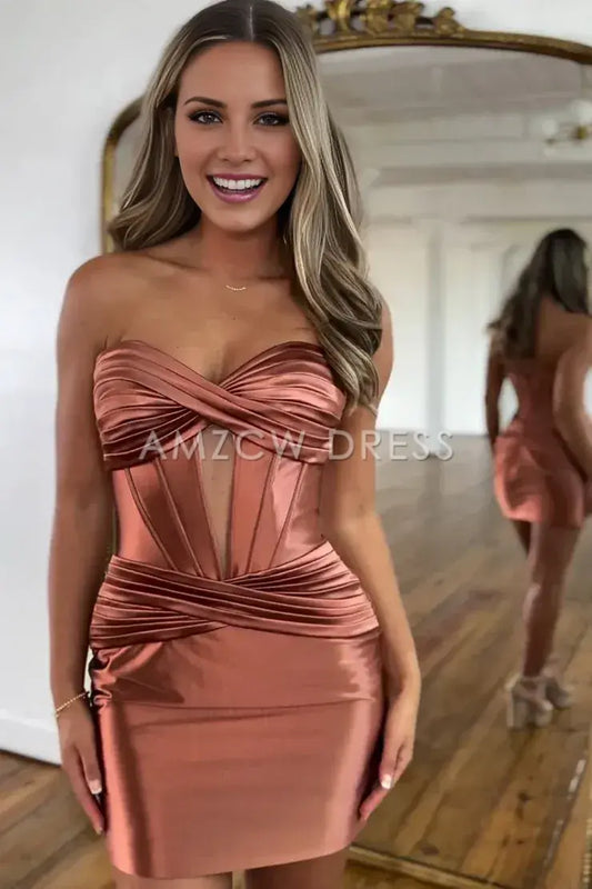 Amzcw Cute Bodycon Sweetheart Keyhole Sparkly Satin Short Homecoming Dresses