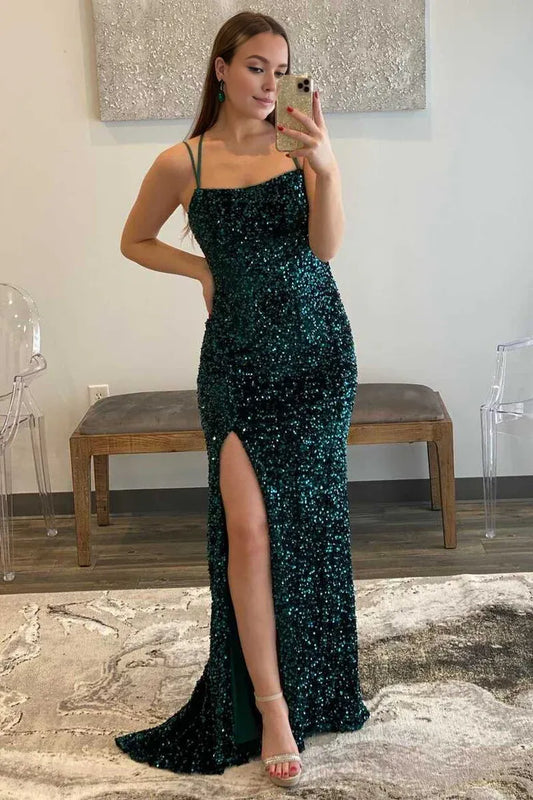 Amzcw Elegant Dark Green Sequins Mermaid Long Formal Dress formal wear dresses