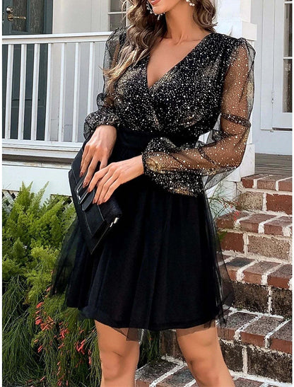 Women‘s Little Black Dress Sexy Dress Party Dress Homecoming Dress Mini Dress Long Sleeve Color Block Ruched Fall Winter Autumn V Neck Fashion Winter Dress