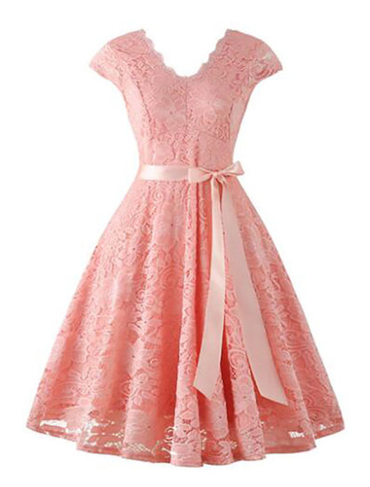 A-Line Cocktail Dresses Vintage Dress Wedding Guest Graduation Knee Length Short Sleeve V Neck Lace V Back with Sash / Ribbon Pleats
