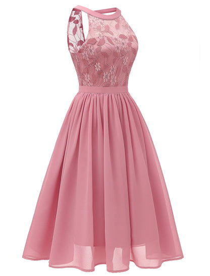 A-Line Cocktail Dresses Vintage Dress Party Wear Knee Length Sleeveless Jewel Neck Lace with Lace Insert Pattern / Print