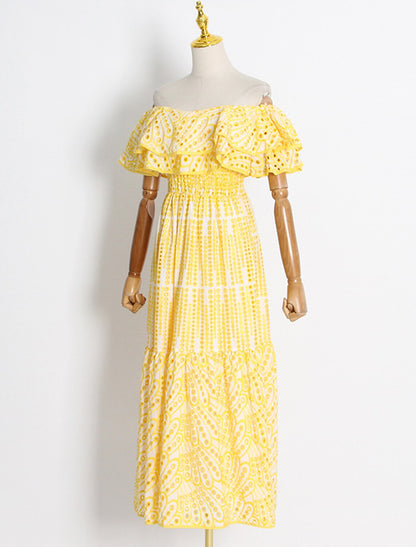 A-Line Wedding Guest Dresses Casual Dress Holiday Summer Ankle Length Short Sleeve Off Shoulder Polyester with Ruffles Embroidery