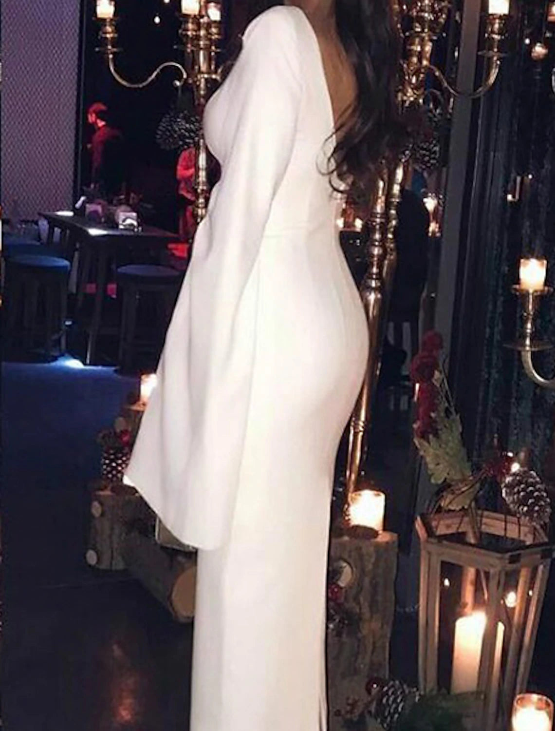 Vestido de cóctel con corte tubo/columna, vestido de fiesta, fiesta, largo hasta la rodilla, manga larga, cuello joya, para invitada de boda de otoño, jersey sin espalda con elegante color puro