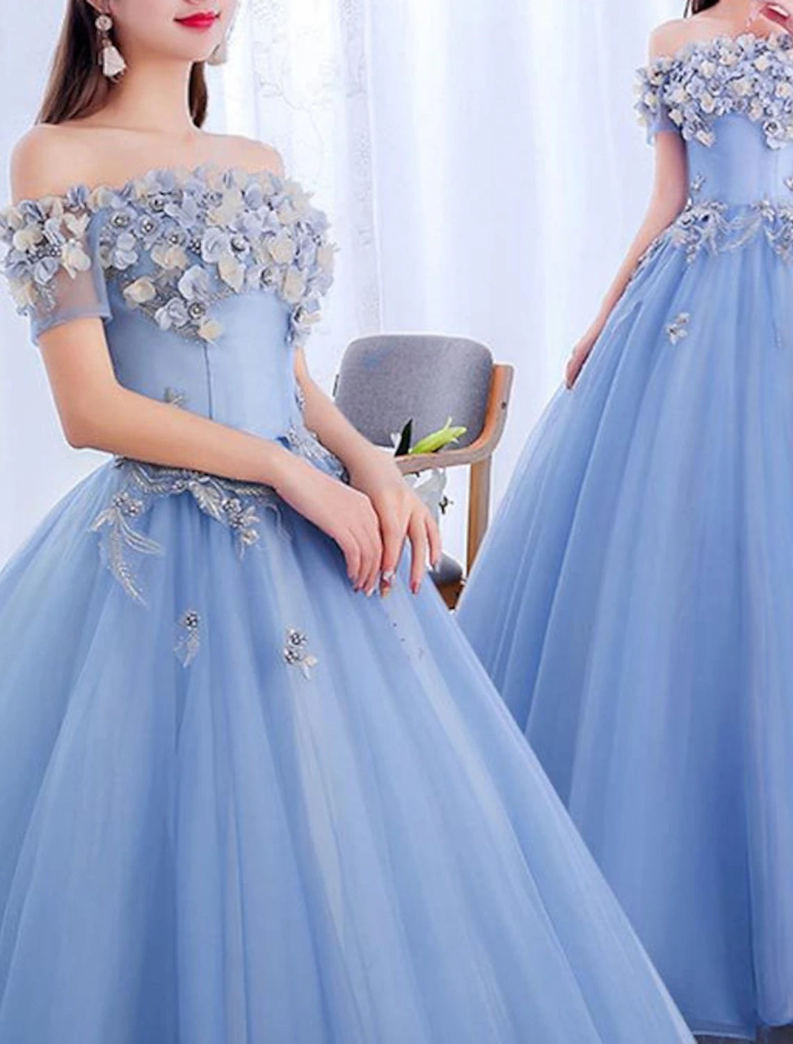 Ball Gown Floral Puffy Quinceanera Prom Dress Off Shoulder Short Sleeve Floor Length Polyester with Appliques Pure Color