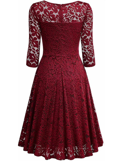 A-Line Cocktail Dresses Vintage Dress Party Wear Cocktail Party Knee Length Half Sleeve V Neck Lace with Pleats