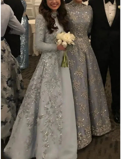 A-Line Mother of the Bride Dress Wedding Guest Party Luxurious Plus Size Hide Belly Elegant High Neck Floor Length Lace Tulle Sequined Long Sleeve with Lace Sequin