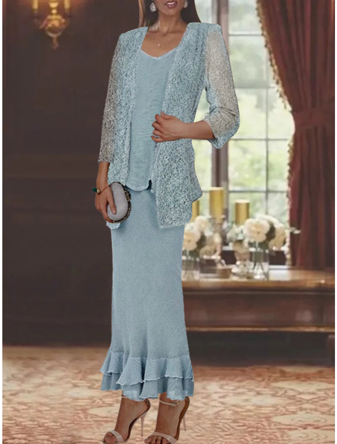 Two Piece Mermaid / Trumpet Mother of the Bride Dress Formal Wedding Guest Elegant Casual V Neck Ankle Length Lace Linen Cotton Blend Sleeveless Jacket Dresses with Ruffles Appliques