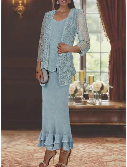 Two Piece Mermaid / Trumpet Mother of the Bride Dress Formal Wedding Guest Elegant Casual V Neck Ankle Length Lace Linen Cotton Blend Sleeveless Jacket Dresses with Ruffles Appliques