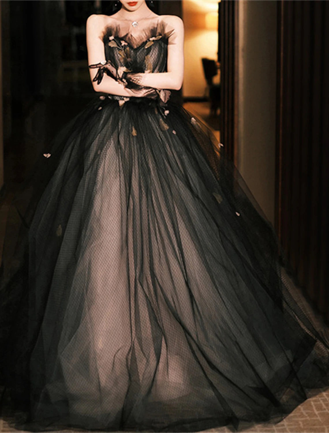 Vestido de quinceañera de princesa, largo hasta el suelo, sin mangas, sin tirantes, de poliéster con apliques