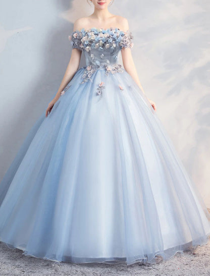 Ball Gown Floral Puffy Quinceanera Prom Dress Off Shoulder Short Sleeve Floor Length Polyester with Appliques Pure Color
