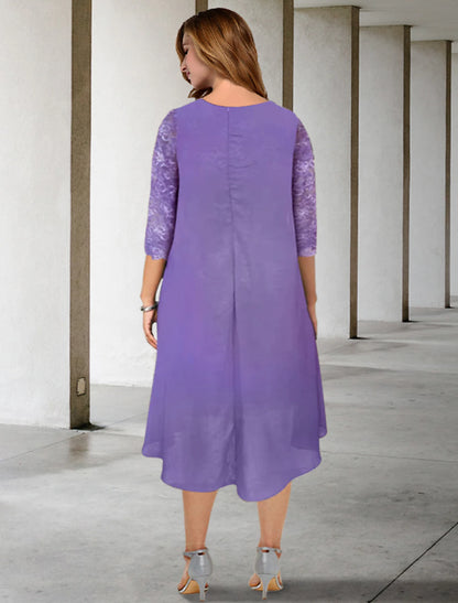 A-Line Plus Size Curve Mother of the Bride Dresses Elegant Dress Formal Knee Length Half Sleeve Off Shoulder Chiffon with Appliques