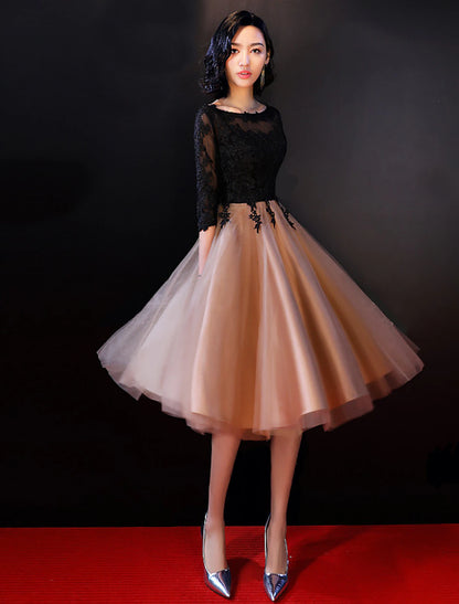 Vestido de cóctel estilo celebridad, corte A, para invitada de boda, escote barco, espalda descubierta, media manga, largo hasta la rodilla, encaje con apliques de encaje