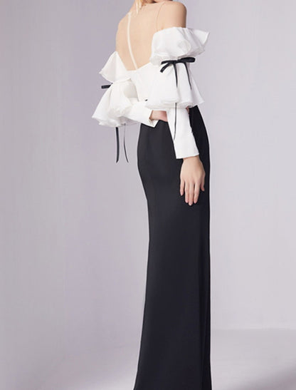 Vestido de noche estilo sirena/trompeta, minimalista, para invitados de boda, de compromiso, largo hasta el suelo, mangas 3/4, cuello joya, tejido elástico con pliegues y volantes.