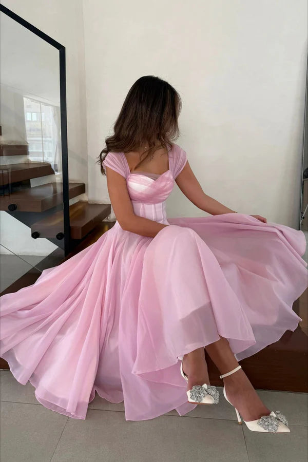 Midi Evening Dresses with Square Neck Tulle Cap Sleeve Corset Bodice and Flared Tulle Skirt