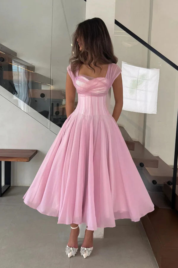Midi Evening Dresses with Square Neck Tulle Cap Sleeve Corset Bodice and Flared Tulle Skirt