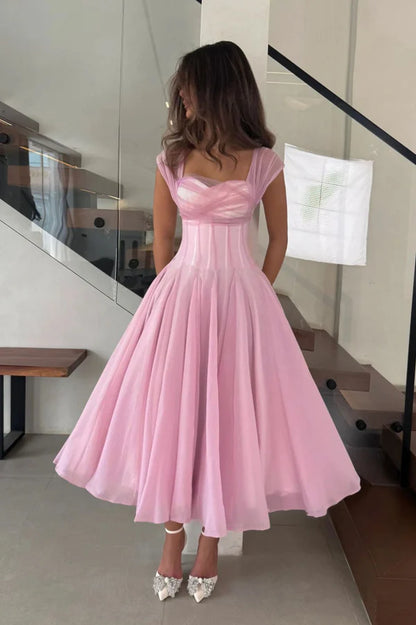 Midi Evening Dresses with Square Neck Tulle Cap Sleeve Corset Bodice and Flared Tulle Skirt