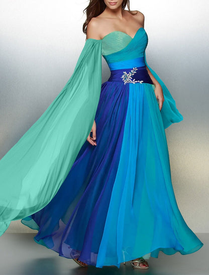 A-Line Wedding Guest Dresses Color Block Dress Formal Evening Party Court Train Sleeveless Off Shoulder Chiffon with Rhinestone