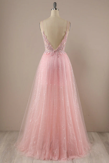 Amzcw Pink A Line Spaghetti Straps Long Prom Party Dress With Sequins prom dresses with long sleeves