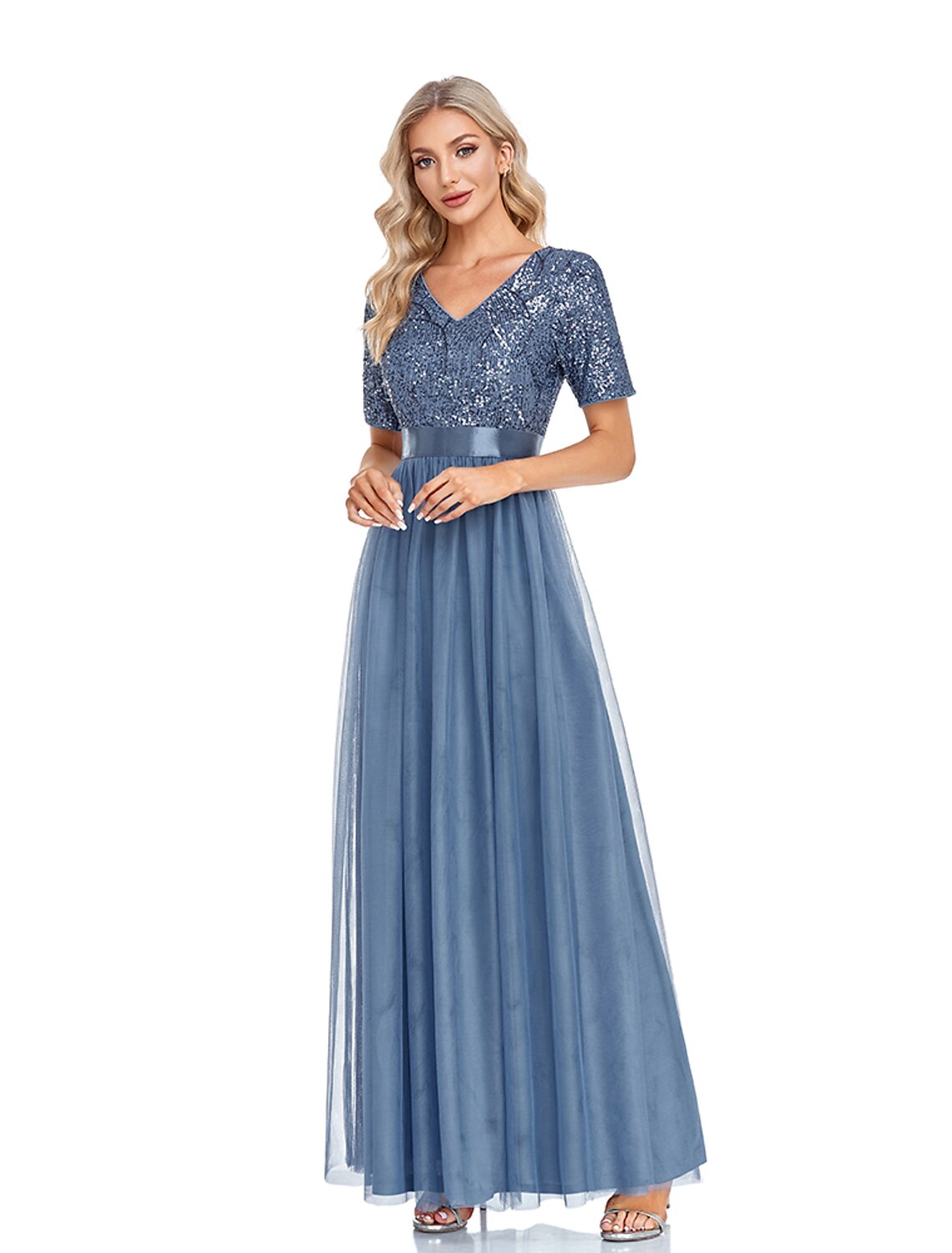 A-Line Evening Gown Elegant Dress Wedding Guest Floor Length Short Sleeve V Neck Tulle with Sequin Splicing