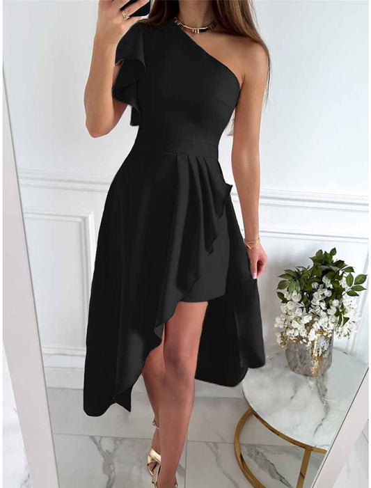 Women‘s Little Black Dress Sexy Dress Party Dress Homecoming Dress Mini Dress Pink Wine Short Sleeve Ruffle Spring Fall One Shoulder Fashion Wedding Guest Vacation