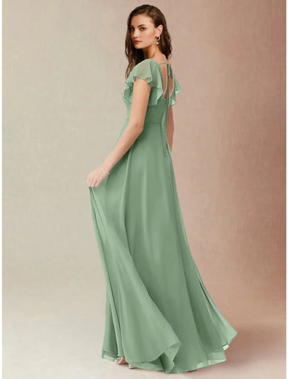 Vestido de dama de honor de corte A, escote cuadrado, manga corta, elegante, largo hasta el suelo, de gasa con abertura frontal y fruncido.