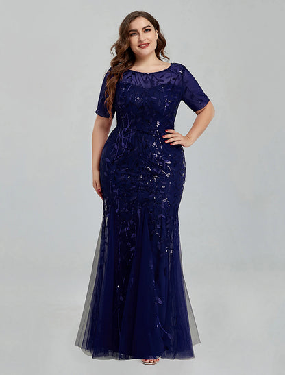 Mermaid / Trumpet Evening Gown Empire Dress Wedding Guest Floor Length Short Sleeve Jewel Neck Bridesmaid Dress Tulle with Embroidery