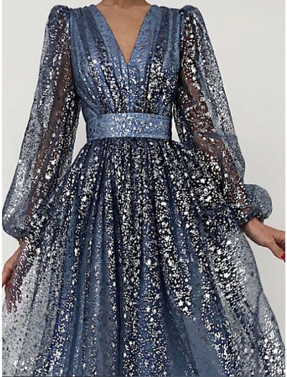 Women's Sequin Dress Party Dress Homecoming Dress Midi Dress Light Pink Pink Blue Long Sleeve Pure Color Sequins Spring Fall Winter V Neck Fashion Winter Dress Wedding Guest Birthday