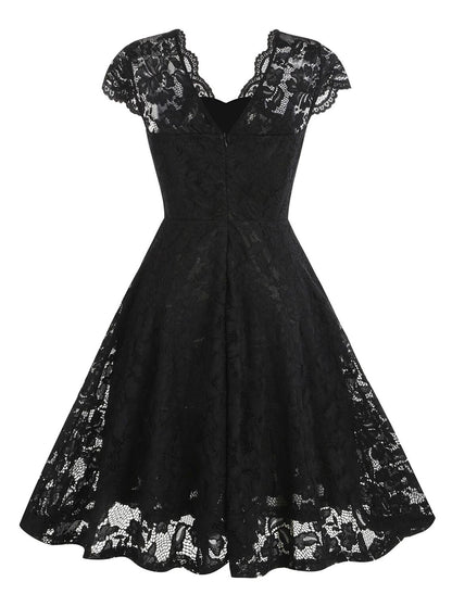 Women's Vintage Dress Party Dress Lace Dress Mini Dress Light Yellow Black Pink Short Sleeve Pure Color Lace Spring Fall Winter V Neck Vintage Christmas Wedding Guest Birthday