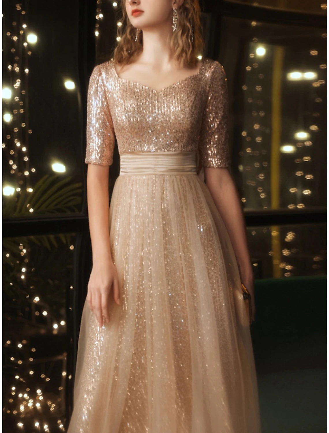 Suknie balowe w kształcie litery A Elegancka sukienka Formalna długość do kostek Świąteczna sukienka w kolorze czerwono-zielonym Krótki rękaw Kwadratowy dekolt Z cekinami i brokatem Plisy Marszczona