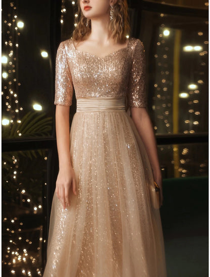 Suknie balowe w kształcie litery A Elegancka sukienka Formalna długość do kostek Świąteczna sukienka w kolorze czerwono-zielonym Krótki rękaw Kwadratowy dekolt Z cekinami i brokatem Plisy Marszczona