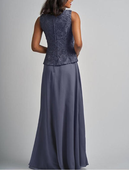 Two Piece A-Line Mother of the Bride Dress Elegant Wrap Included Square Neck Floor Length Chiffon Lace 3/4 Length Sleeve with Appliques