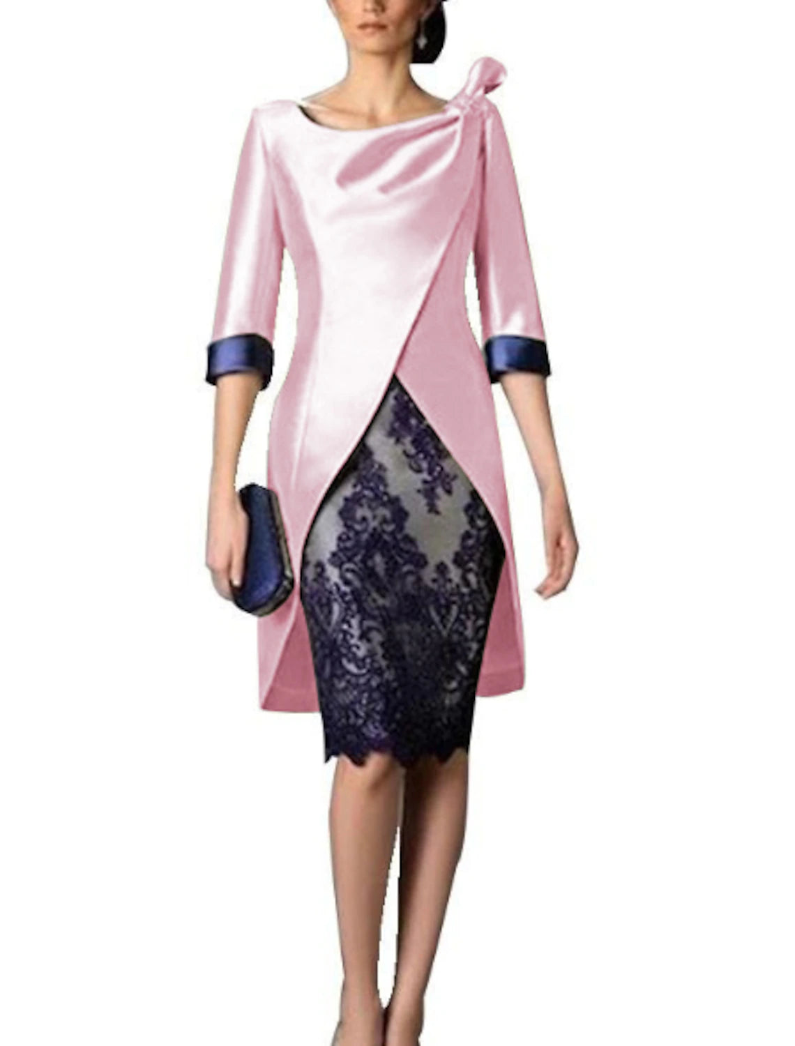 Two Piece Sheath / Column Mother of the Bride Dress Fall Wedding Guest Dresses Church Plus Size Vintage V Neck Knee Length Satin Lace 3/4 Length Sleeve Jacket Dresses with Color Block