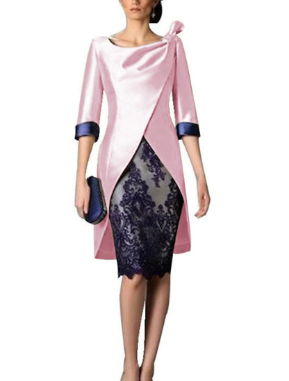 Two Piece Sheath / Column Mother of the Bride Dress Fall Wedding Guest Dresses Church Plus Size Vintage V Neck Knee Length Satin Lace 3/4 Length Sleeve Jacket Dresses with Color Block