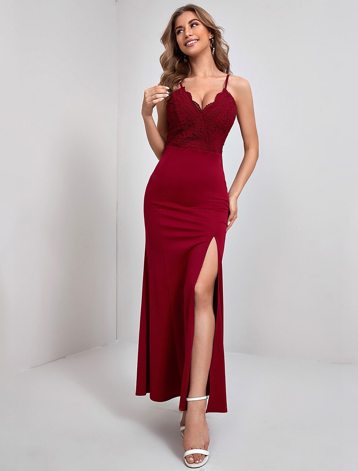 Sheath / Column Evening Gown Vintage Dress Party Wear Ankle Length Sleeveless Spaghetti Strap Nylon with Slit Lace Insert Pure Color