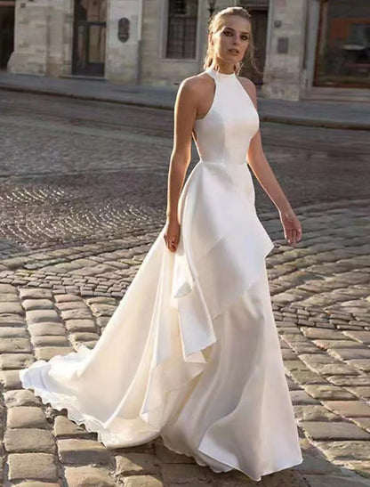 Vestidos de novia informales con espalda descubierta y corte A, estilo halter, sin mangas, con cola de corte, de satén, para verano y otoño.