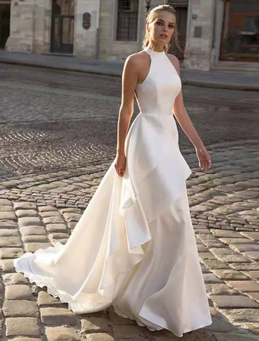Vestidos de novia informales con espalda descubierta y corte A, estilo halter, sin mangas, con cola de corte, de satén, para verano y otoño.