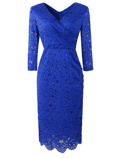 Sheath / Column Cocktail Dresses Vintage Dress Party Wear Knee Length 3/4 Length Sleeve V Neck Fall Wedding Guest Lace with Lace Insert
