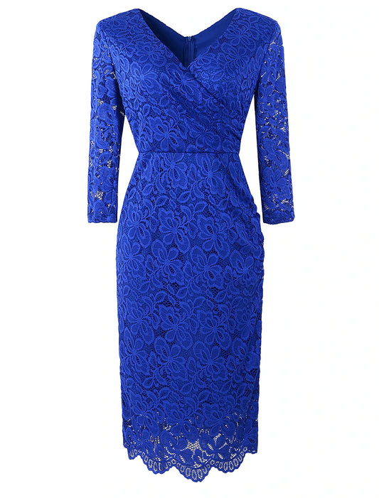 Sheath / Column Cocktail Dresses Vintage Dress Party Wear Knee Length 3/4 Length Sleeve V Neck Fall Wedding Guest Lace with Lace Insert