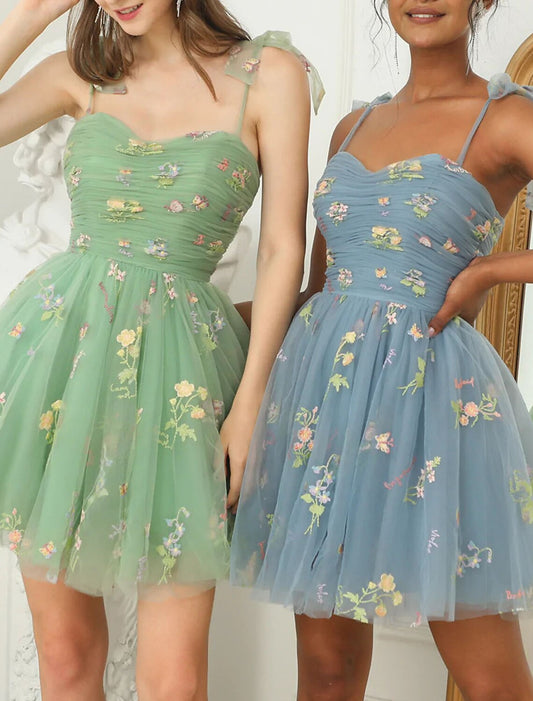 A-Line Homecoming Dresses Floral Dress Party Wear Summer Short / Mini Sleeveless Spaghetti Strap Tulle with Embroidery