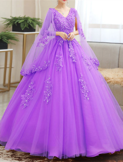 Vestido de quinceañera de princesa, vestido navideño rojo y verde, largo hasta el suelo, manga corta, escote en V, tul con apliques.