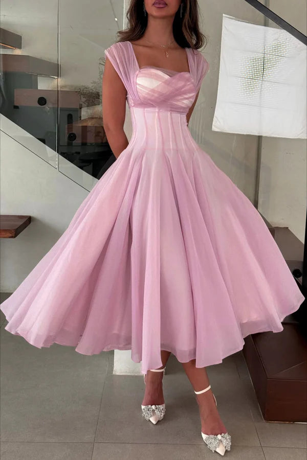 Midi Evening Dresses with Square Neck Tulle Cap Sleeve Corset Bodice and Flared Tulle Skirt
