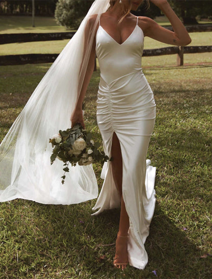 Vestidos de novia casuales de salón, corte sirena/trompeta, tirantes finos, camisola, tirantes finos, cola de corte, vestidos de novia de satén con abertura frontal fruncida