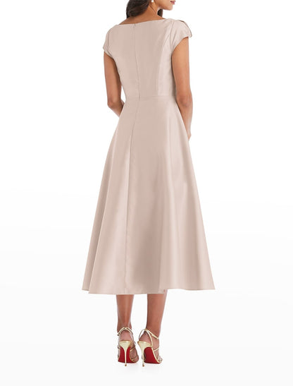 Vestidos de cóctel de corte A, vestido minimalista, para invitados de boda, de compromiso, largo hasta la rodilla, manga corta, escote redondo, satén italiano con drapeado.