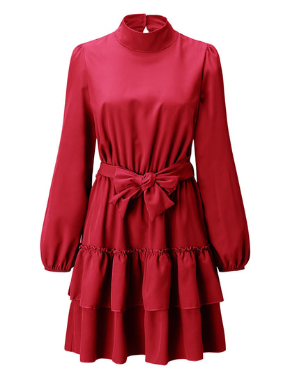 Women's Red Christmas Party Dress Homecoming Dress Cocktail Dress Black Red Green Long Sleeve Lace up Stand Collar Fashion Winter Dress