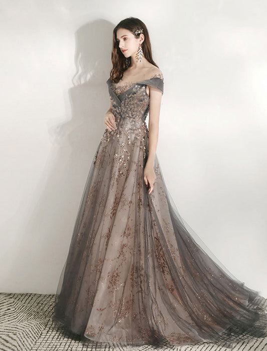 Vestido de dama de honor de corte A, escote joya, manga corta, hermosa espalda, largo hasta el suelo, tul con cristales/banda