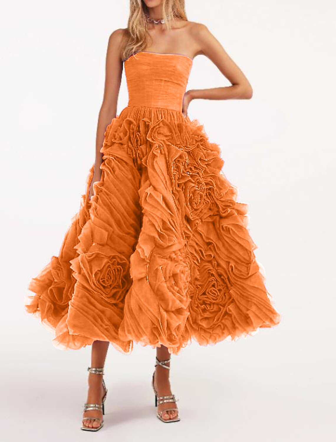 Vestidos de fiesta de corte A, vestido floral, mascarada, largo hasta el tobillo, sin mangas, sin tirantes, de tul, sin espalda con flores